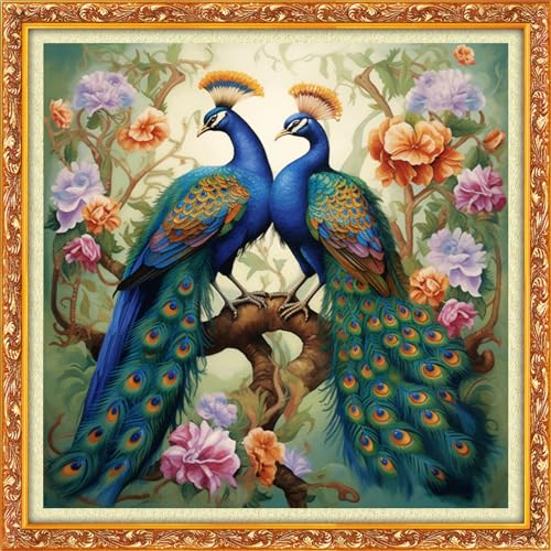 Image of Funxvoot Stamped Cross Stitch Kits Beginners Full Range of Embroidery Kits for Adults 11CT Embroidery Patterns Needlepoint Kits Printed Cross Stitch Kits-Peacock Flowers 18x18 inch