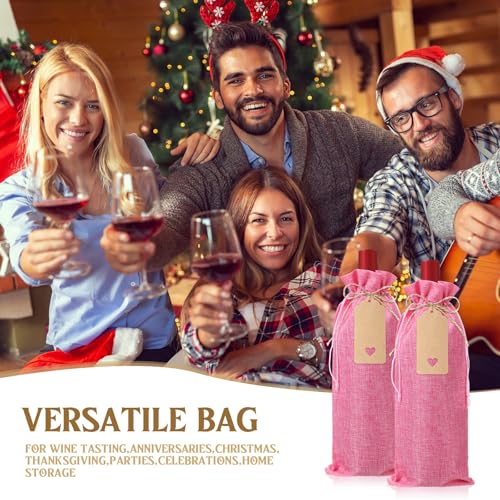 Windyun 100Pcs Burlap Wine Bags Drawstring Wine Gift Sacks with Tags 5.9 x 13.8 Inch Jute Burlap Bags Bulk for Wedding Birthday Tastings Christmas Travel Party (Pink) by Windyun - Image 6