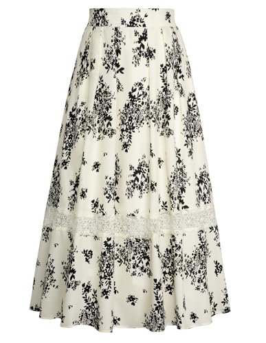 Belle Poque Women's High Waist Floral A-Line Midi Skirt - Flowy Summer Skirts with Pockets, Casual & Trendy