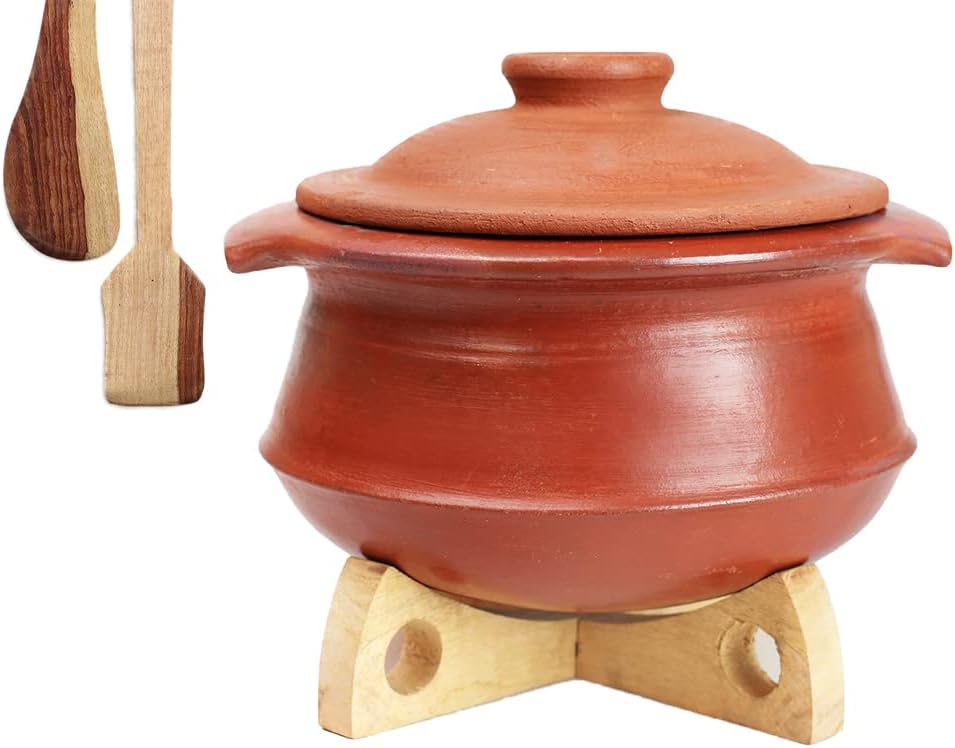 Craftsman India Online Clay Earthen Cookware with Lid (2 L, Red)