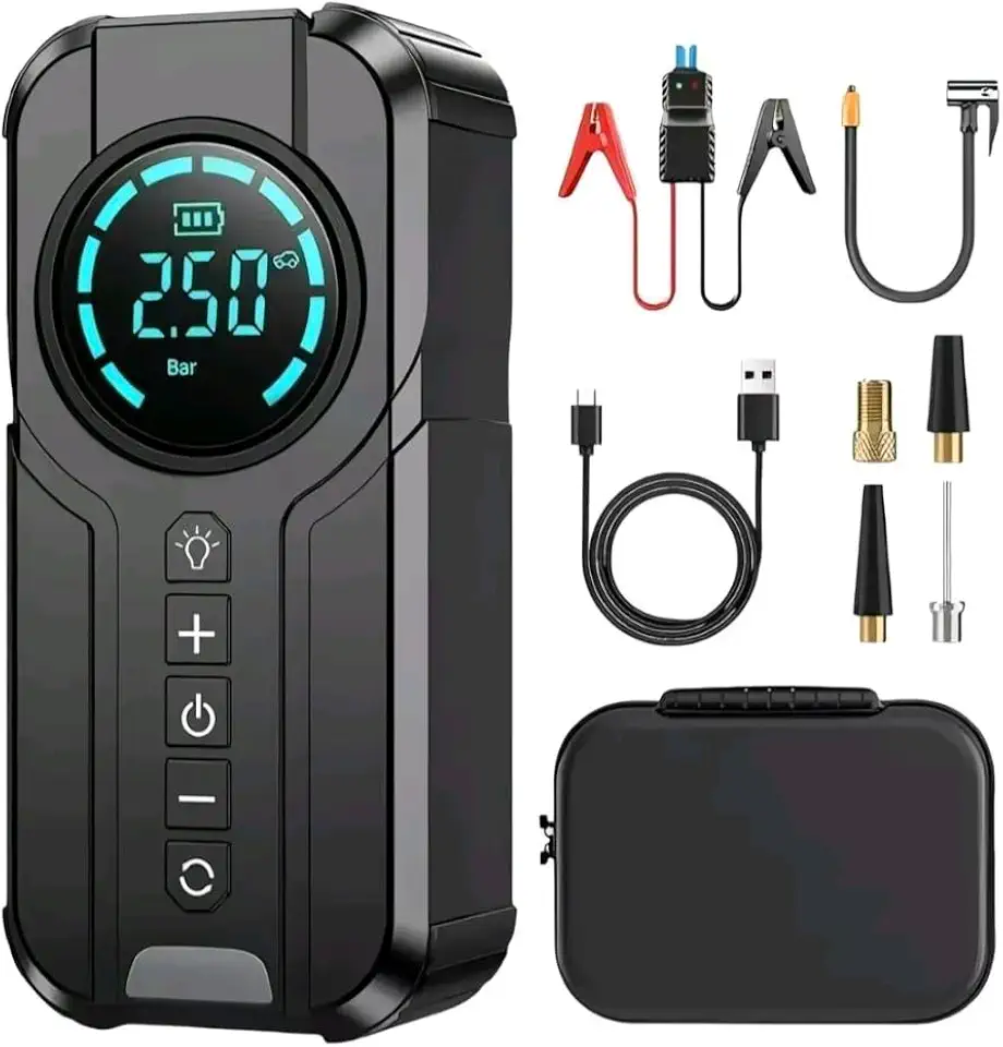 Compressor de Ar Portátil Multifuncional 4 em 1, Auxiliar de Partida, Bomba Elétrica Automotiva com Display Digital, PowerBank 8000mAh, 1000A, para Pneu Carro Moto Bicicleta Bola