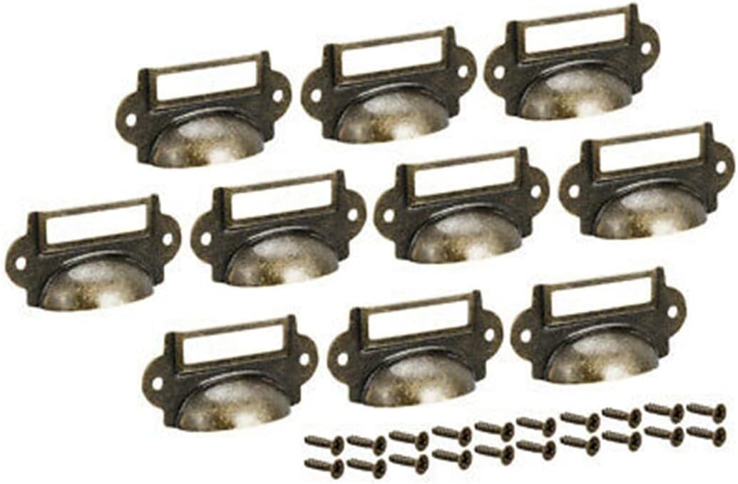 Antique Brass Drawer Pull Handle Set, 10 Pack Iron Cabinet Frame File Name Card Holder with 20 Screws, 70mm x 33mm Jewelry Box, File Case, Cupboard, Apothecary (Antique Brass)