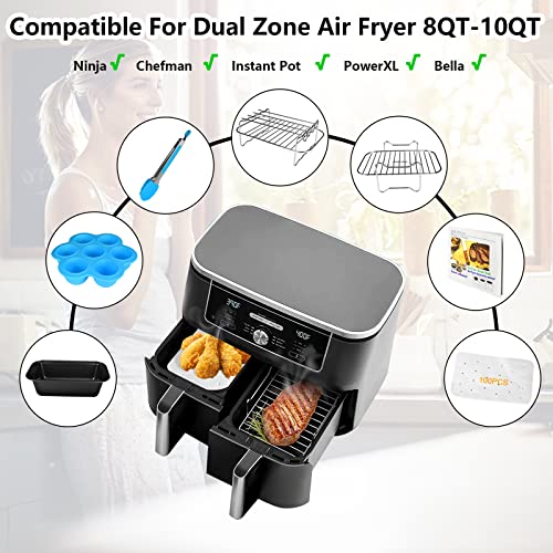 This is a picture of a product for sale called YINGRACE Air Fryer Accessories, Set of 7PCS Dual Basket Air Fryer Accessories Compatible with Ninja DZ201,  DZ401,  DZ550,  Instant Vortex,  Chefman,  Bella,  PowerXL Dual Zone Air Fryers