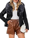Bellivera Women's Faux Leather Short Jacket Moto Sherpa-Lined Coat with Removable Fur Collar 9201 Black M