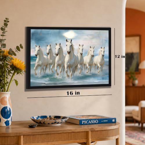 Image of PAINTINGMANTRA 7 White Running Horses Vastu Framed Wall Art Painting for Living Room| Seven Horse Poster with frame for Wall, Decoration item for bedroom, 13x17.5 Inch
