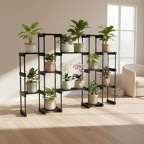 Image of KYARI 12 Tier Metal Plant Stand - Heavy Duty Black Powder Coated Vertical Plant Rack | Rust-Proof Multi Layer Flower Pot Stand for Balcony, Living Room & Outdoor Use (DIY Assembly Required)