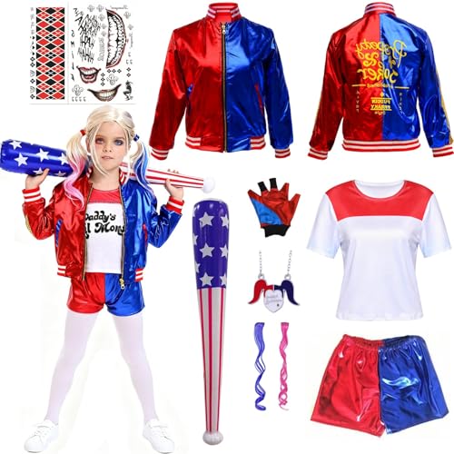 YUERTMIO Quinn Disfraz para Niñas, Quinn Cosplay de Halloween Disfraz, Costume Quin Disfraz de Villano con chaqueta, camiseta, pantalones cortos, guante, collar para Halloween, carnaval