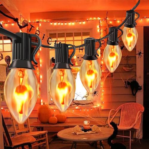 Image of C7 Christmas Flicker Flame String Lights, 25Ft C7 Outdoor Christmas Decorations String Lights with Clear Flicker Flame Bulbs, Hanging Patio Lights for Christmas Halloween Party Garden Porch-Black
