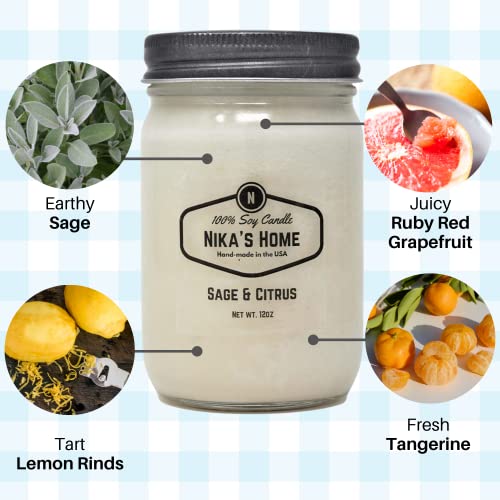 Nika's Home Sage & Citrus Soy Candle 12Oz Mason Jar Non-Toxic White Soy Candle-Hand Poured Candle- Handmade, Long Burning 50-60 Hours Highly Scented All Natural, Clean Burning Large Candle Gift Décor #TOP1