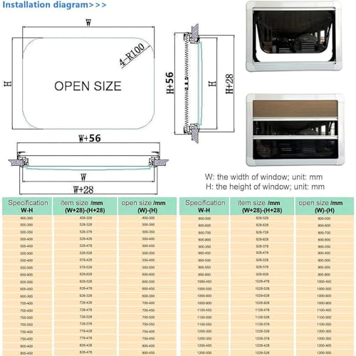 Regulowane okno świetlika do przyczepy kempingowej i kampera - 900 x 450 mm wyposażenie kampera, idealne do domków mobilnych, poprawia wentylację i dostęp do światła