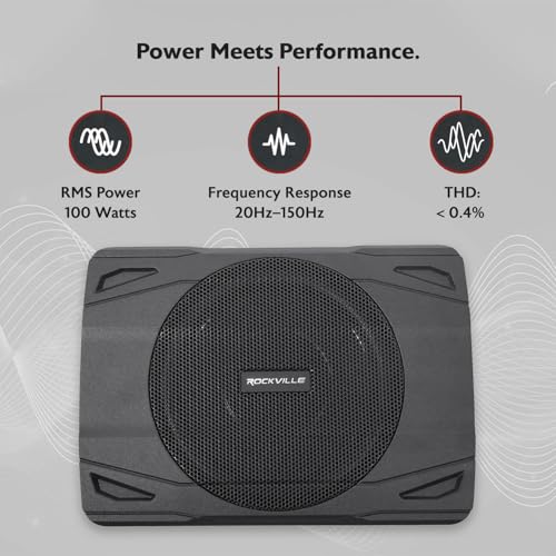 Image of Rockville SS8P 8 inch Slim Under-Seat Powered Car /Truck Subwoofer | 400W Peak, 100W RMS, Active Sub, High & Low Level Inputs, Auto Turn-On, Bass Knob, Cast Aluminum Enclosure