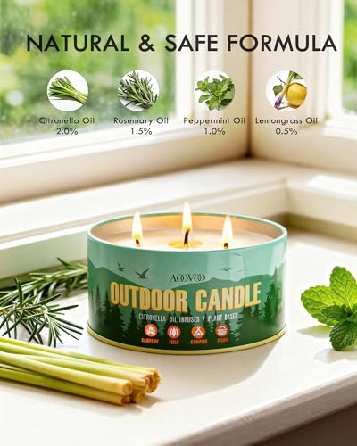 Image of AOOVOO 2 Pack Citronella Candles Outdoor - 3 Wick 24oz Large Camping Candle, Natural Essential Oil Soy Wax Non Toxic, Strong Scented Candles for Outside Backyard Garden Picnic