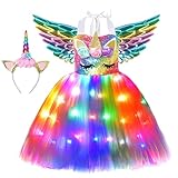 Soyoekbt Girls Unicorn Costume LED Light Up Unicorn Princess Dress Birthday Party Outfit Halloween Tutu Dress with Headband Rainbow Sequin+Rainbow Led 5-6Years