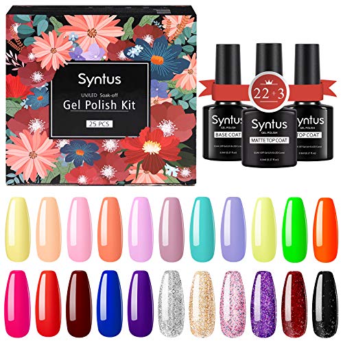 Syntus Gel Nail Polish Kit, 25 Pcs Soak Off Nail Gel Collection with 8ML Matte & Glossy Top Coat and Base Coat Manicure Nail Art Salon