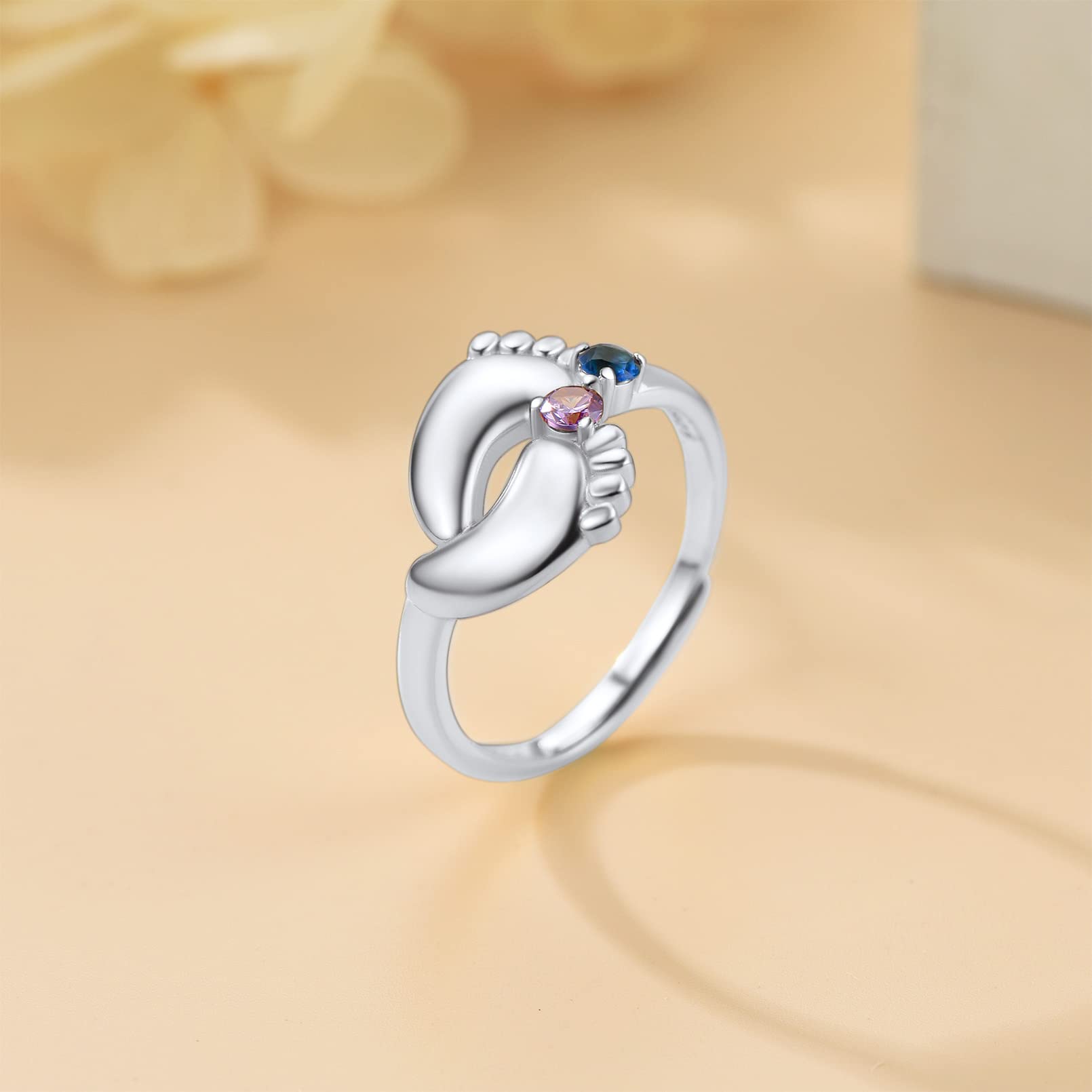 Custom4U Bague Argent 925 Femme Réglable 2 Prénoms Personnalisable Pieds de Bébé avec Pierre de Naissance