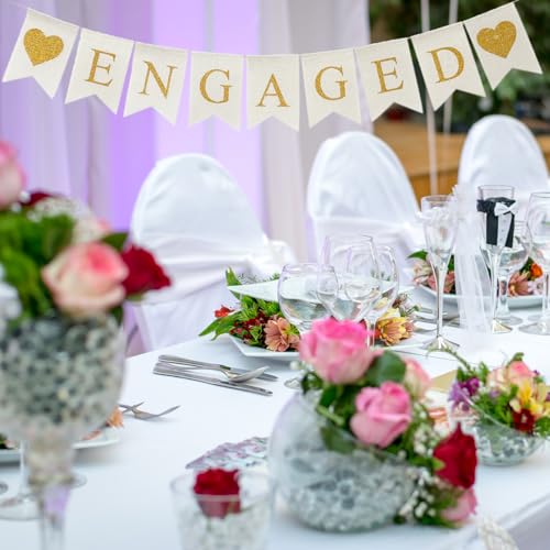 Image of Burlap Engaged Banner Sign, White and Gold | Prestrung, Adjustable, Reusable, Rustic Engagement Party Decorations