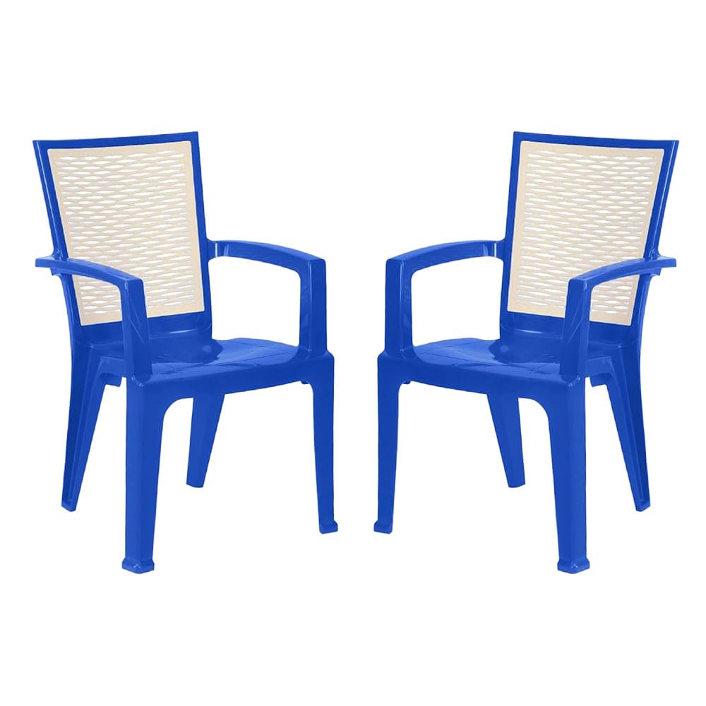 neelkamal chr2226 stackable armrest plastic chair for living room, garden, home, office, indoor/outdoor use|dual-tone design|ventilated high backrest(colour: blue/white, set of 2)
