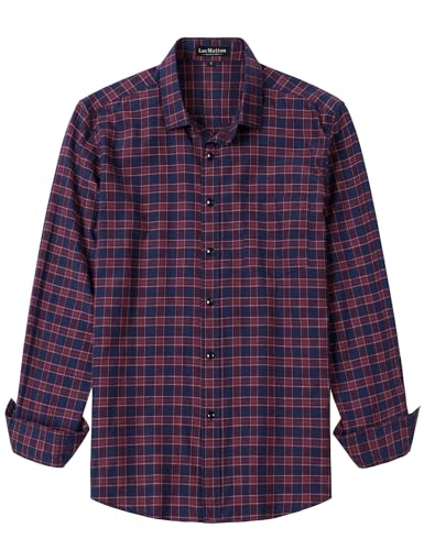 LucMatton Men's Lightweight Gingham Dress Shirt Casual Business Slim Fit Plaid Long-Sleeve Button Down Shirts Red Large