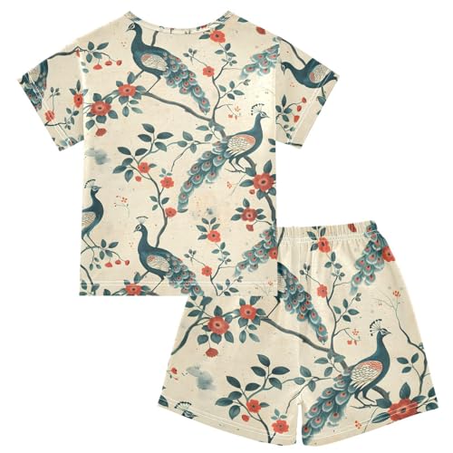 ALAZA Chinese Peacock Bird Pajamas Short Sleeve 2 Piece Sleepwear Top and Bottom Pajama Set Unisex2