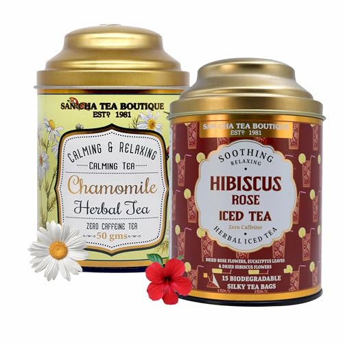 Image of Sancha Tea Boutique, Tea Combo Pack: Chamomile Herbal (50g) & Hibiscus Rose Iced (15 Pyramid Bags), Caffeine-Free Herbal Tisanes, No Added Sugar, Refreshing Floral Iced Drink
