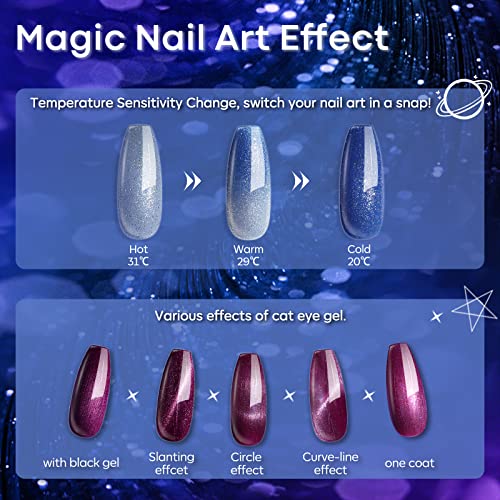 Image of modelones Glitter Gel Nail Polish Set 6 Colors, Blue Color Changing Red Cat Eye Magnetic Gel Polish Chameleon Reflective Temperature Black Pink Nail Polish Soak Off LED Nail Art Manicure Kit Gift