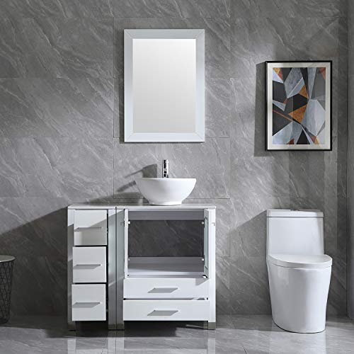 Wonline 36” White Bathroom Vanity And Sink Combo Wood Cabinet Top Round Bowl Ceramic Vessel Sink Faucet Drain Combo With Mirror Vanities Set #TOP2