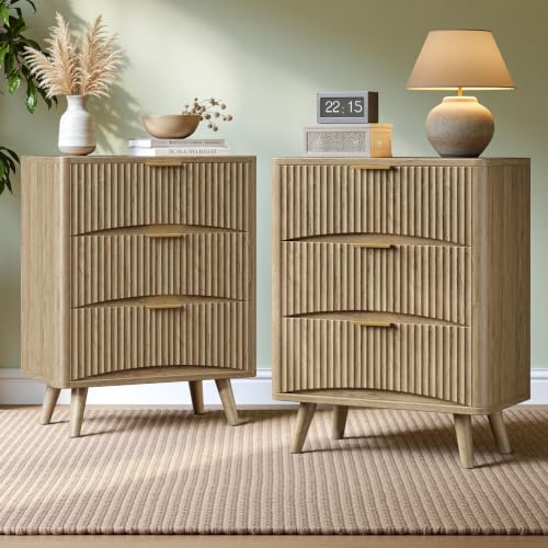Image of Evermagin 29 inch Tall Fluted Nightstand Set of 2 with 3 Drawers | Oak Night Stand,Wooden Bedside Table, Mid Century Modern Side Table for Bedroom, livingroom