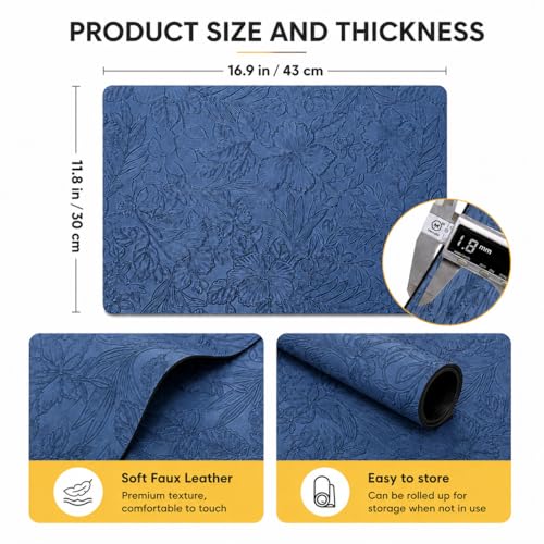 Image of Yelona Premium Faux Leather Placemat Set of 4 | Printed Floral Design, Waterproof & Heat Resistant Table Mat | Non-Slip, Washable for Dining, Kitchen & Home Decor (Dark Blue, 43 x 30 cm)