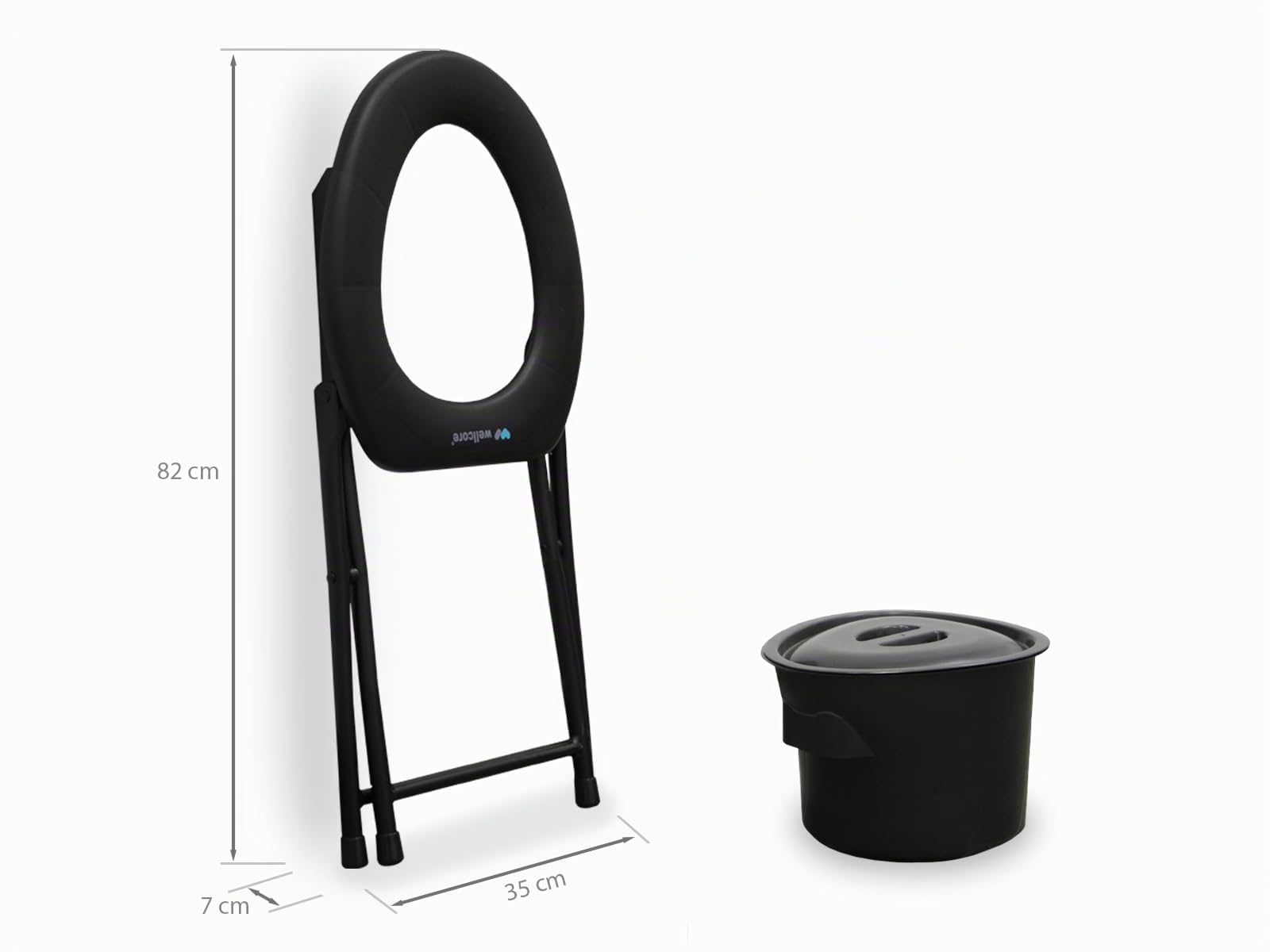 WELLCORE Toilettenstuhl mit Toilette, klappbar, transportabel, kompakt, Aluminiumrahmen, abnehmbare Toilette, leicht zu reinigen, schwarz, bis 100 kg, bis 100 kg