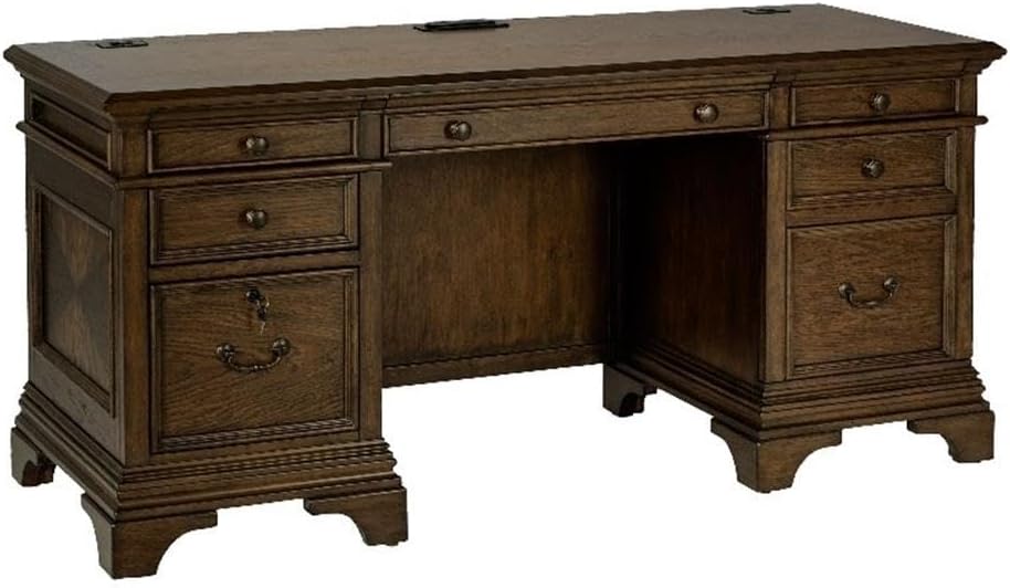Pemberly Row 66" Wood 5-Drawers Credenza Office Desk in Burnish Oak