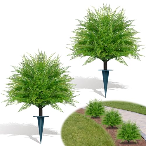 Yangrass 2PCS Faux Fern Topiary Trees with Ground Spike, 24" Lifelike Decor