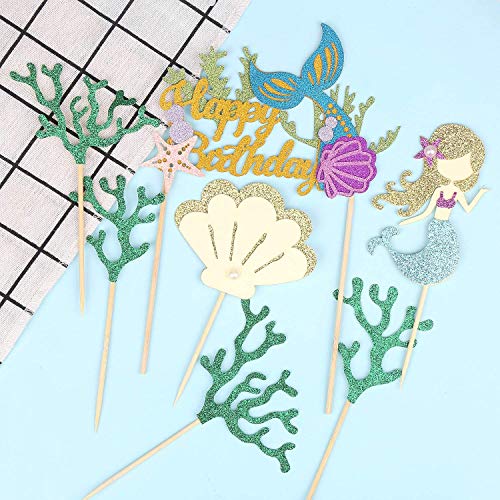 Fingooo 7 Pieces Glitter Mermaid Cake Topper With Seaweed,Mermaid Themed Birthday Cake Decorations Toppers For Girls Baby Shower Party Supplies #TOP2