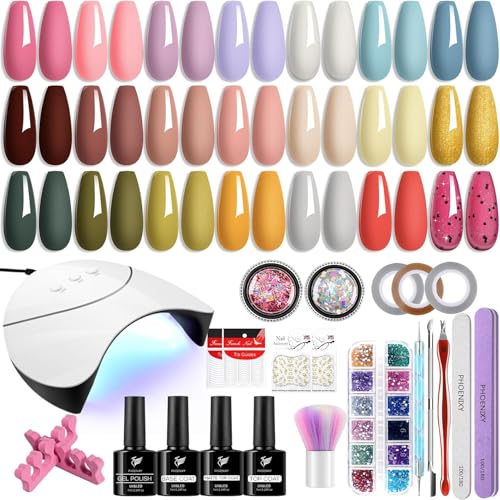 Phoenixy Kit Uñas Semipermanentes, 42 Efectos Kit de Uñas Semipermanentes con Lampara Uñas Semipermanentes, Rosa Marrón Amarillo Colores Kit Manicura Semipermanente Regalo para Mujeres