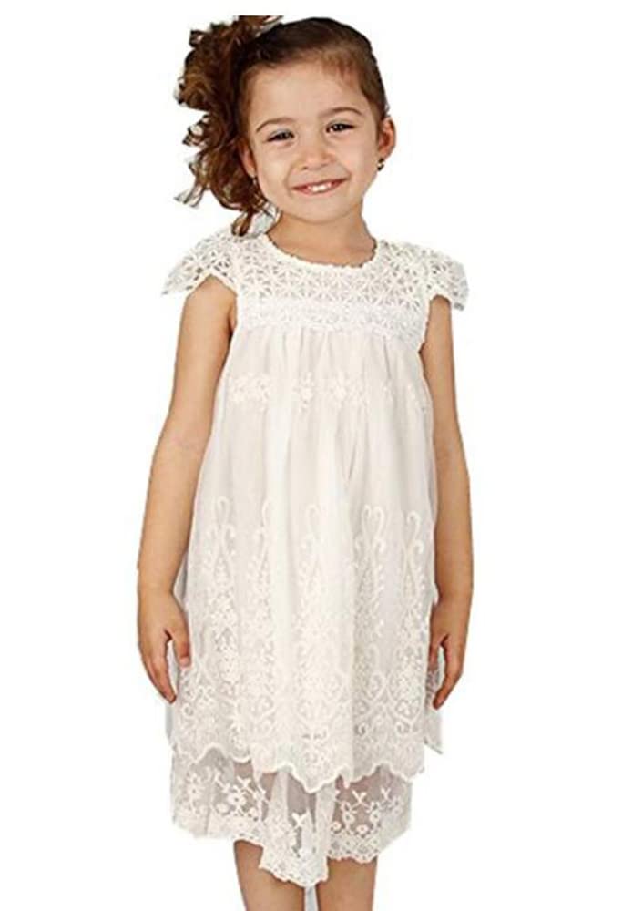 Bow DreamOff White Ivory White Vintage Rustic Baptism Lace Flower Girl's Dress