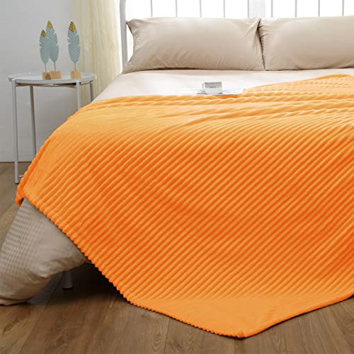 Vessia Flannel Fleece Throw Blanket For Couch,Sofa,Bed, 300Gsm Microfiber Light Orange Striped Chair Blanket For Adults And Kids, Super Soft Warm Cozy Lightweight Ribbed Throw For All-Season #TOP2