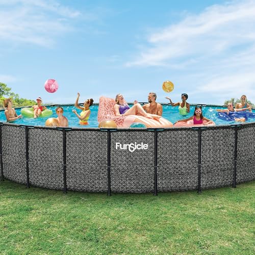 Funsicle Oasis Designer 24\' x 52\" Round Above Ground Swimming Pool, with 12\" Sand Filter Pump, Ladder, Maintenance Kit, Cover, Ground Cloth & Repair Patch, Dark Herringbone - Thumbnail 4