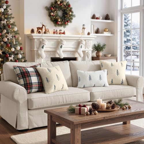 Image of MIULEE Christmas Decorative Faux Fur Pillow Covers 18x18 Inch Beige Blue | Set of 2, Embroidered Christmas Tree Throw Pillows, Winter Couch Covers, Festive Home Decor for Sofa Bedroom Living Room