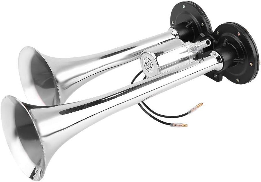 Dual Trumpet Electric Horn 150DB 12V/24V Chrome Plated Zinc Air Horn Set for Boats RV Trucks Marine Vehicle Universal Super Loud Silver