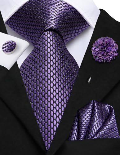 Image of Hi-Tie Men Silk Ties Set with Flower Lapel Pin Necktie Pocket Square Cufflinks for Tuxedo Wedding Business