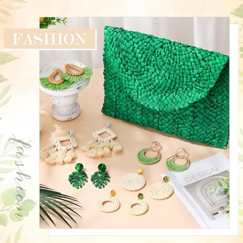 Image of JaGely Women's Straw Clutch Purses and 6 Pairs Rattan Earrings Summer Beach Clutch Handbag Envelope Woven Bag Boho Earrings