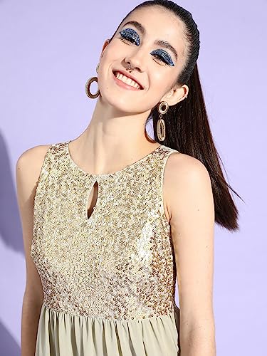 Image of Miss Chase Women's Dusty Green & Golden Solid Embellished Maxi Dress