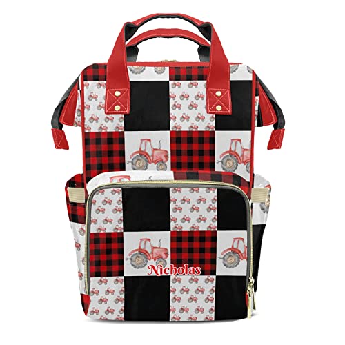 XIUCOO Custom Watercolor Red Plaid Cute Farm Tractor Diaper Bag Backpack with Name Personalized Nappy Shoulders Bag Women Men Gifts
