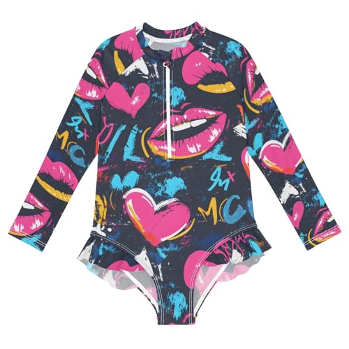 ALAZA Swimsuit for Girls Long Sleeve Rashguard Bathing Suit Mouth Heart Graffiti Grunge Quick Dry 4T