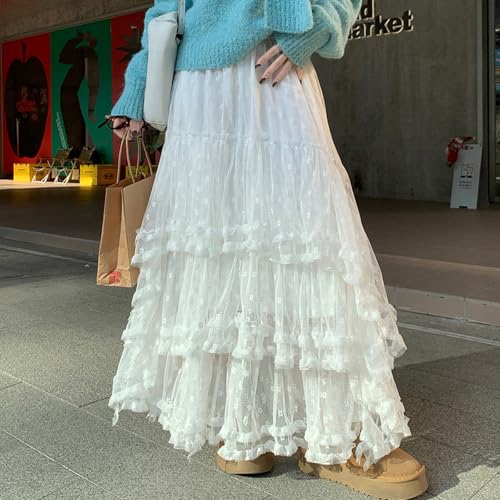 Women's Spring A-line Skirt Elastic Band Long Tiered Lace Skirt for Travel, Beach, Shopping2