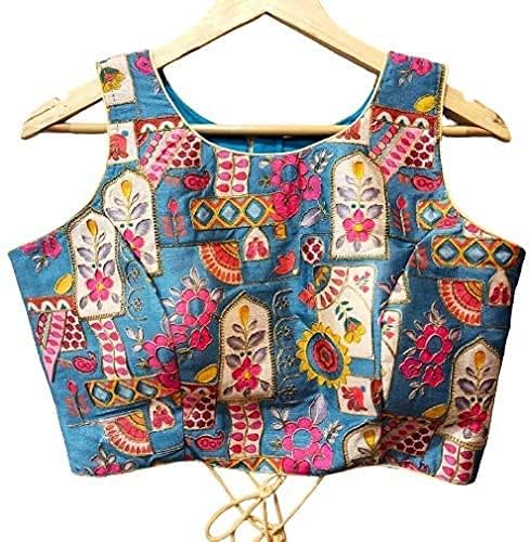 Vihu FashionWomen's Phanotm Silk Floral Sleeveless Saree Blouse