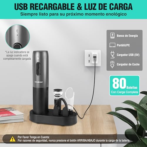 HAUSHOF Sacacorchos Eléctrico Recargable 6 en 1, Abridor de Vino Automático con Cortador de Láminas, Tapón al Vacío, Vertedor, Cable USB-C y Base, Set Completo de Saca Rolhas para Regalo - imagen 6