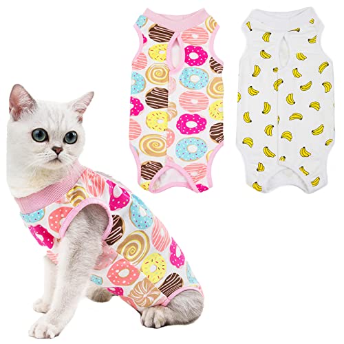 Image of Cat Recovery Suit for Abdominal Wounds or Skin Diseases, 2 PCS Cat Surgery Recovery Suit Breathable E-Collar Alternative for Small Medium Pets After Surgery Wear, Banana and Donut, L