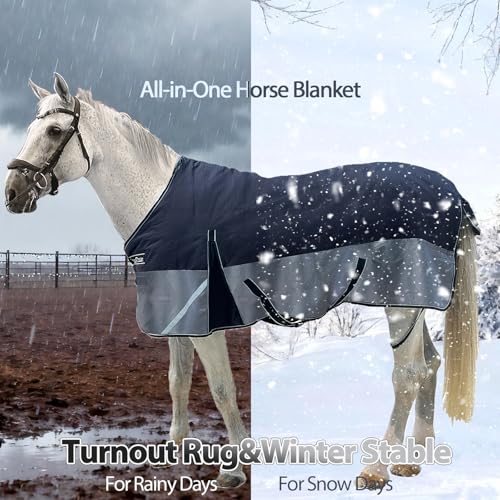 1200D Horse Blanket Turnout Sheet Waterproof and Breathable Lightweight/Medium Fill,Horse Turnout Rug for Real Horses, with Reflective Strips Design (Black/Gray 200g Fill, 81'') - Image 3