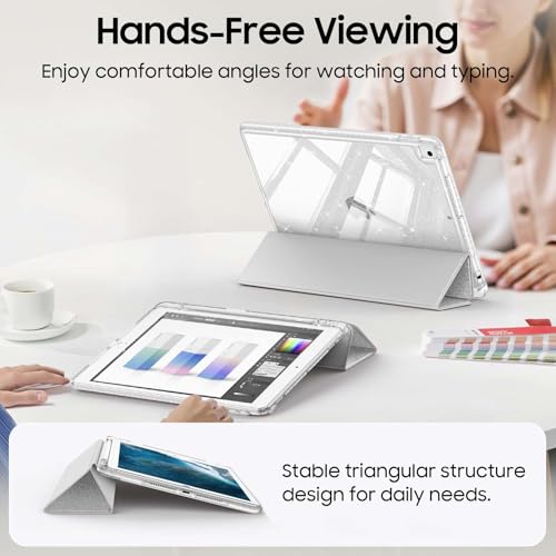 Fintie iPad 第9 / 8 / 7世代 ケース 2021/2020/2019 10.2インチ キラキラ透明バックカバー クリアケース Pencil 収納可能 三つ折スタンド スリープ機能 軽量 薄型 傷つけ防止 PU合成レザー(シルバー)