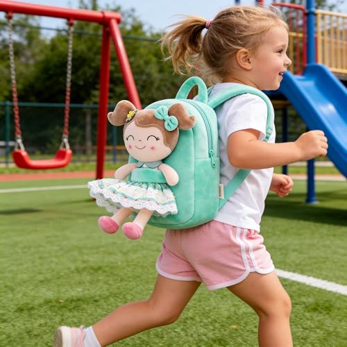 Image of Gloveleya Kids Backpacks Girls Backpack Plush Bags with Soft Baby Doll Green 9 inch | with Soft Baby Doll
